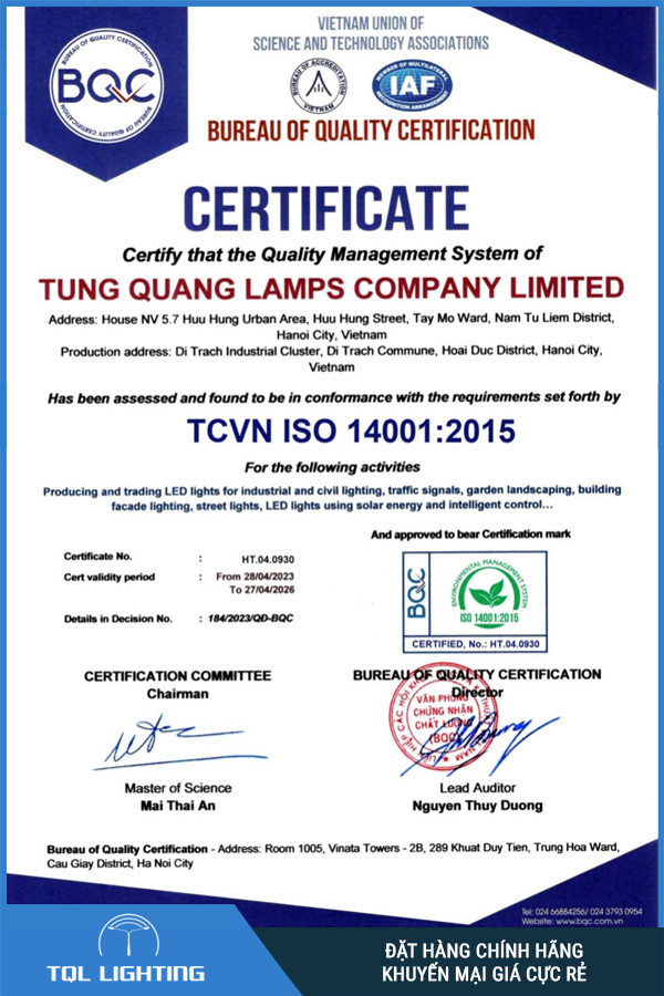 chứng nhận đèn pha led tùng quang